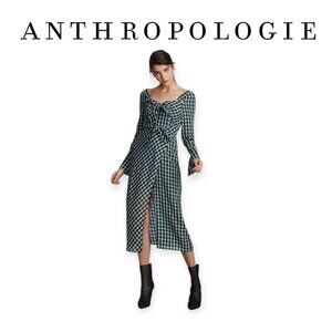 Anthropologie Plaid Midi Dress, Size S, Evergreen & White NWT